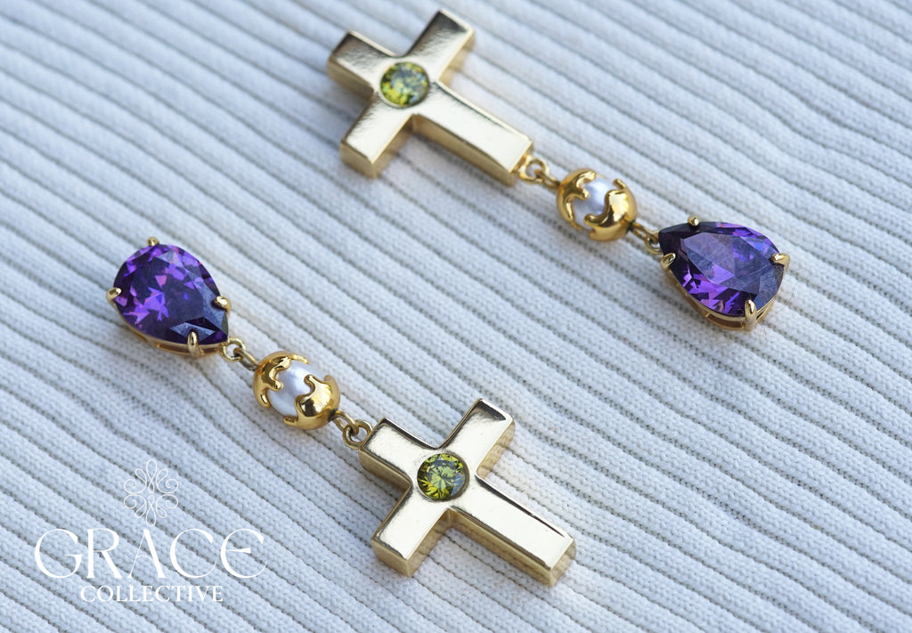 Amethyst Cross Drop Earrings (PRE-ORDER)