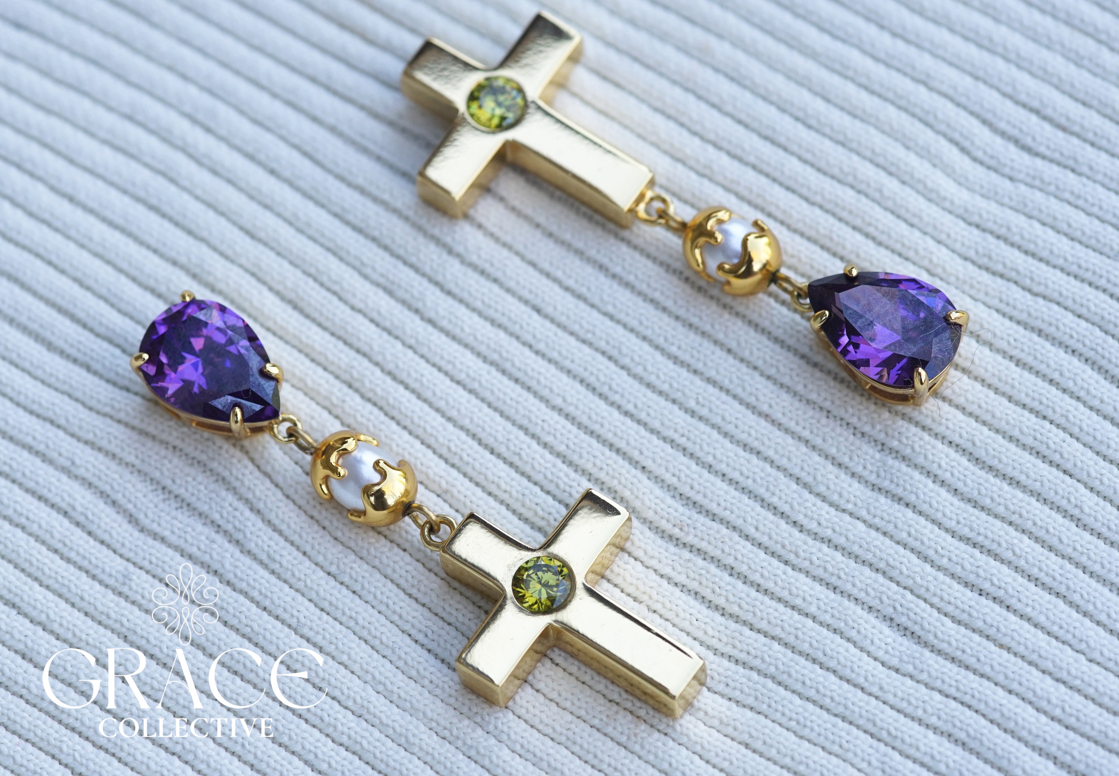 Amethyst Cross Drop Earrings (PRE-ORDER)