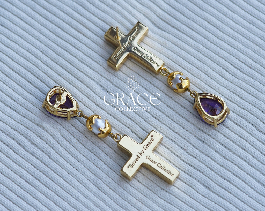 Amethyst Cross Drop Earrings (PRE-ORDER)
