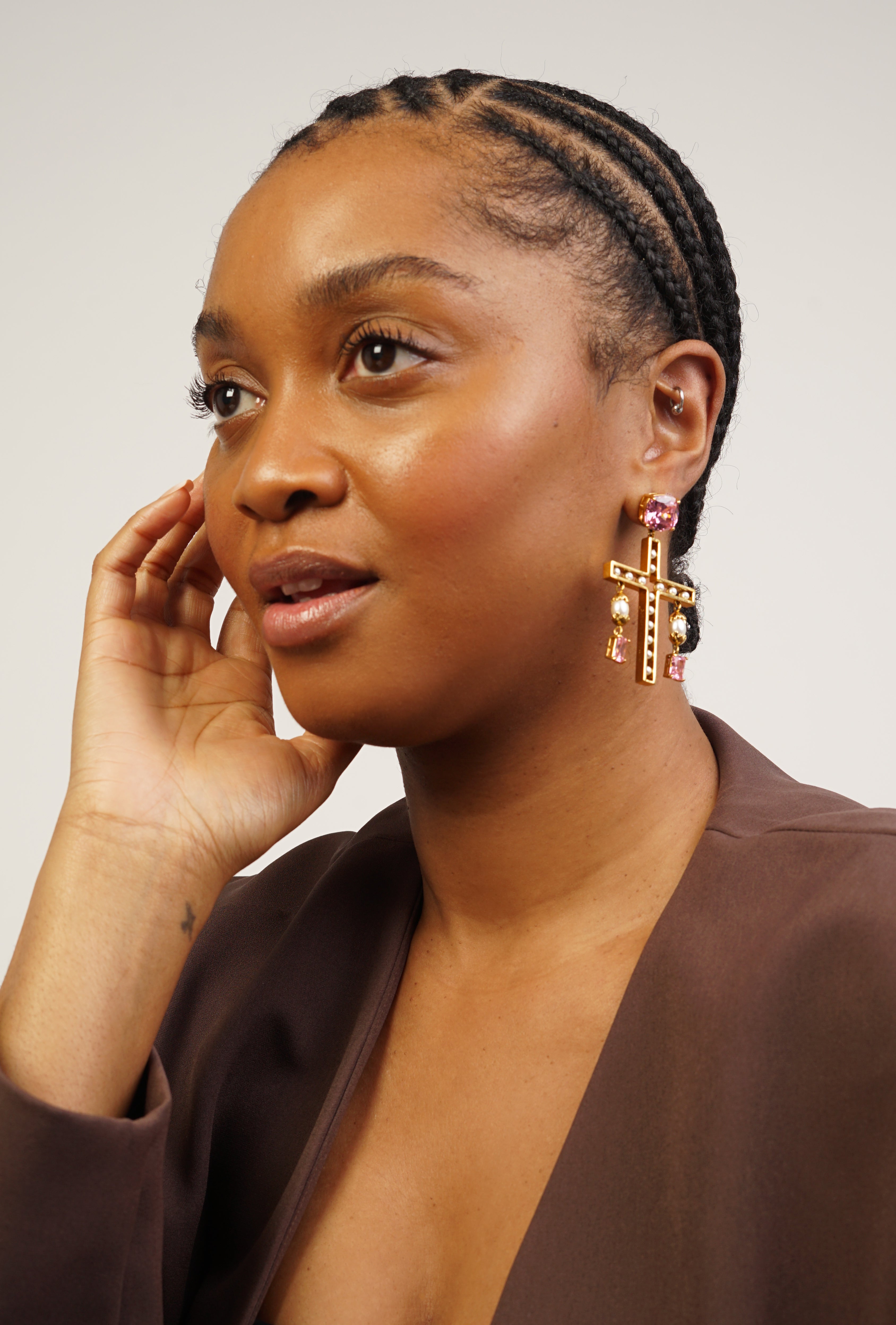 Pink Cross Statement Pearl Earrings (PRE-ORDER)