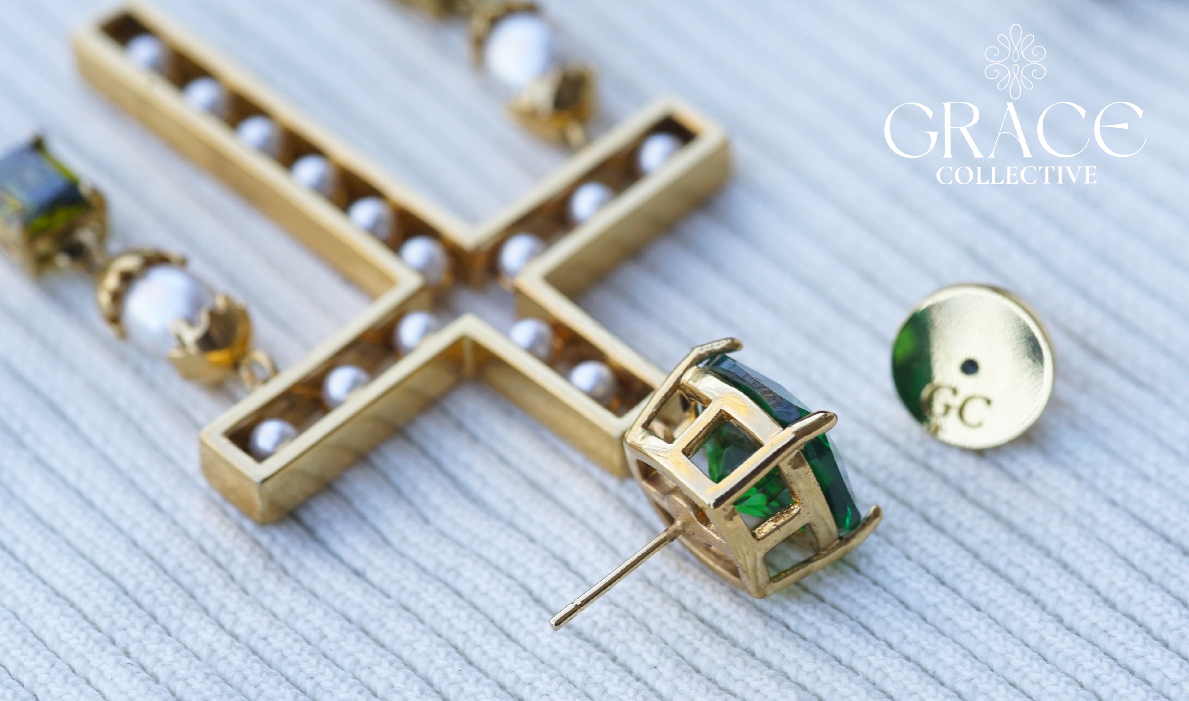 Emerald Cross Statement Pearl Earrings (PRE-ORDER)