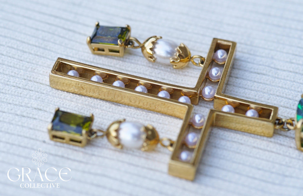 Emerald Cross Statement Pearl Earrings (PRE-ORDER)