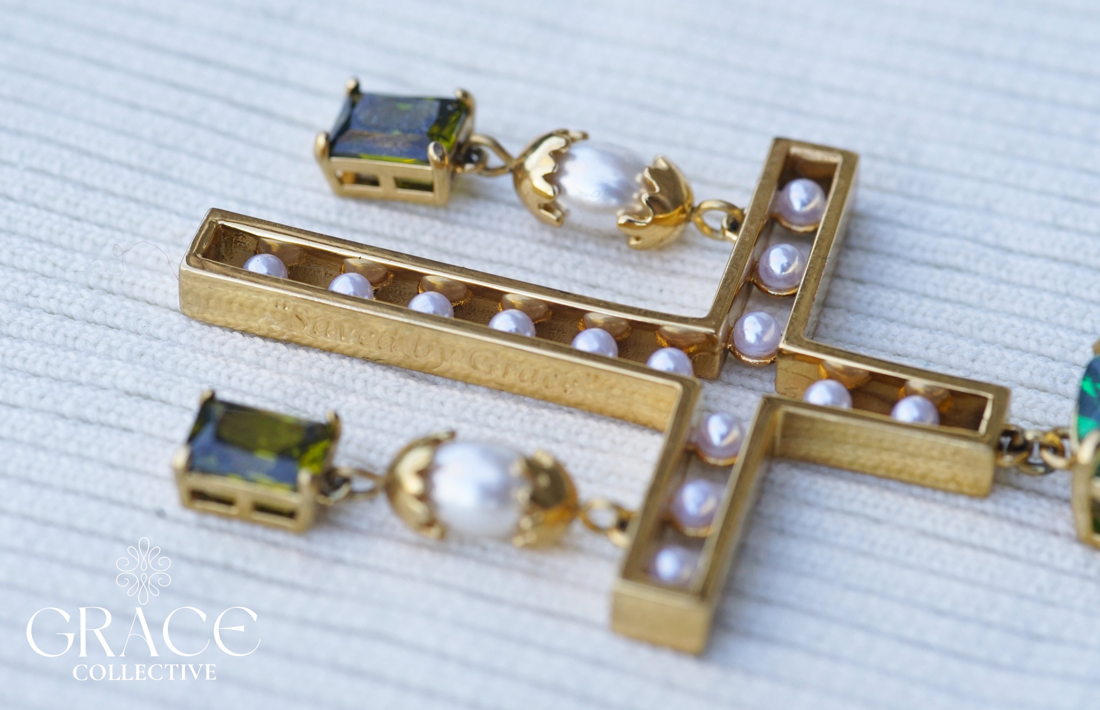 Emerald Cross Statement Pearl Earrings (PRE-ORDER)