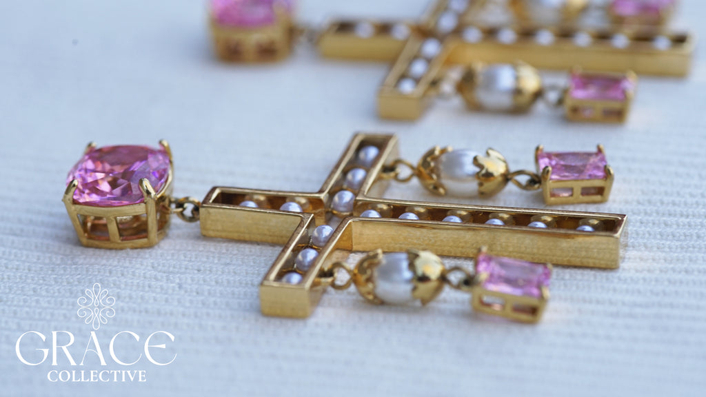 Pink Cross Statement Pearl Earrings (PRE-ORDER)