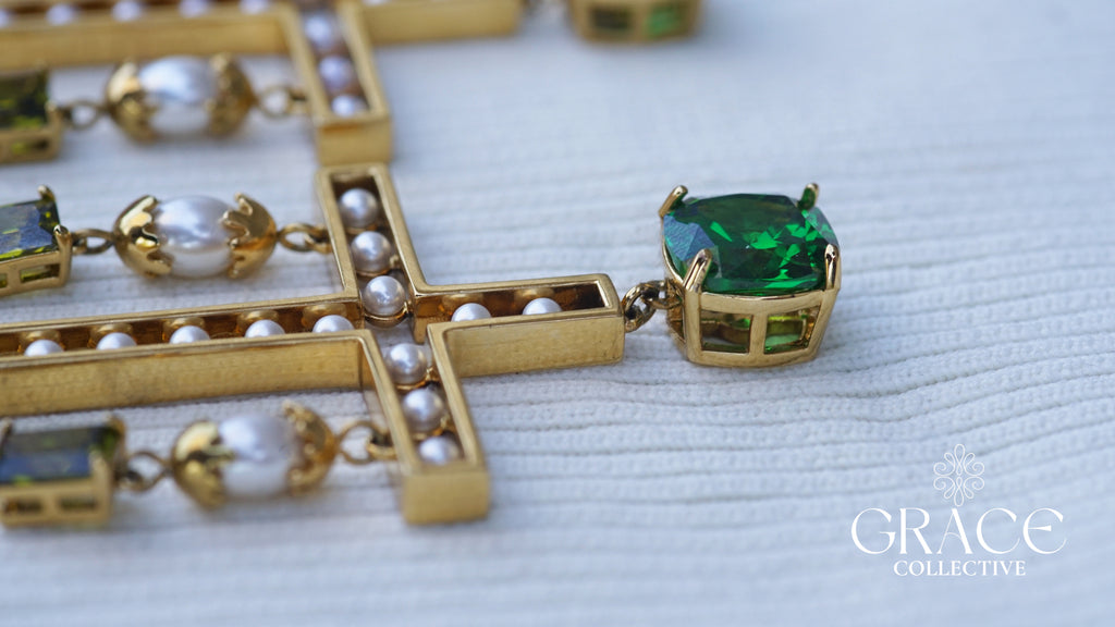 Emerald Cross Statement Pearl Earrings (PRE-ORDER)