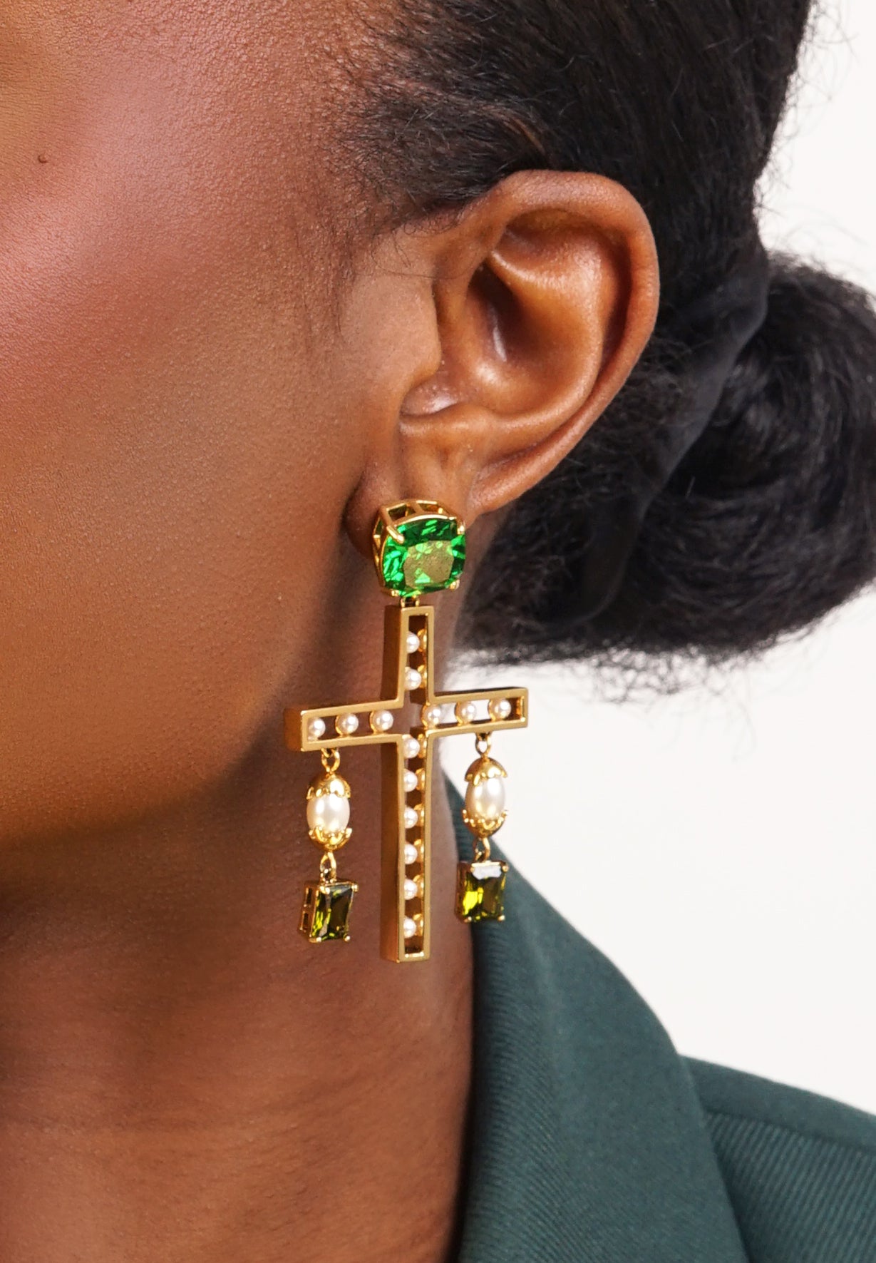 Emerald Cross Statement Pearl Earrings (PRE-ORDER)