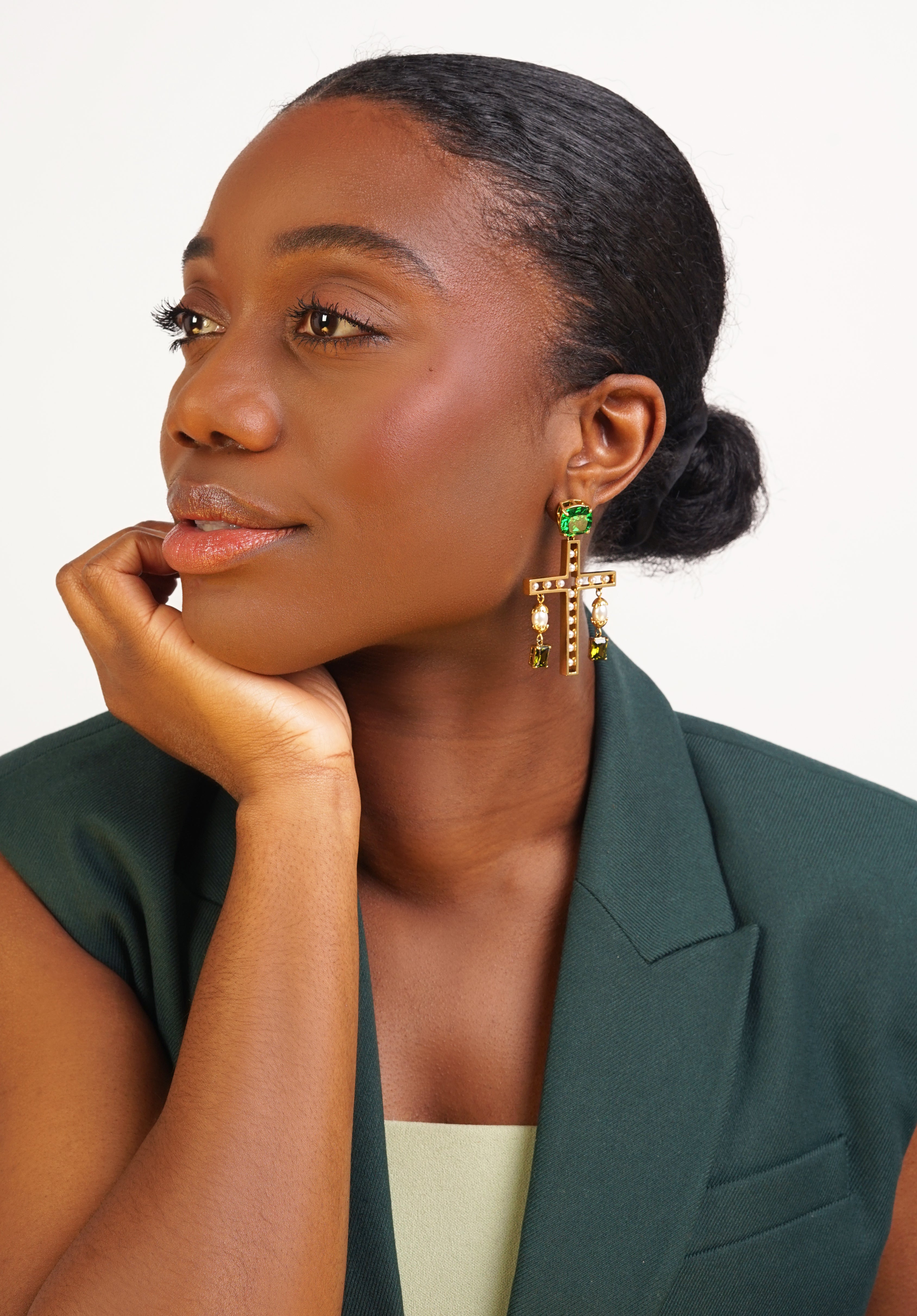 Emerald Cross Statement Pearl Earrings (PRE-ORDER)