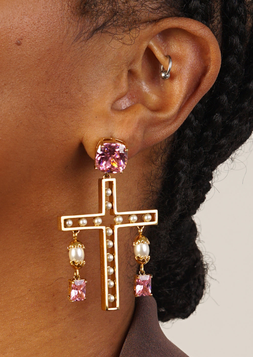 Pink Cross Statement Pearl Earrings (PRE-ORDER)